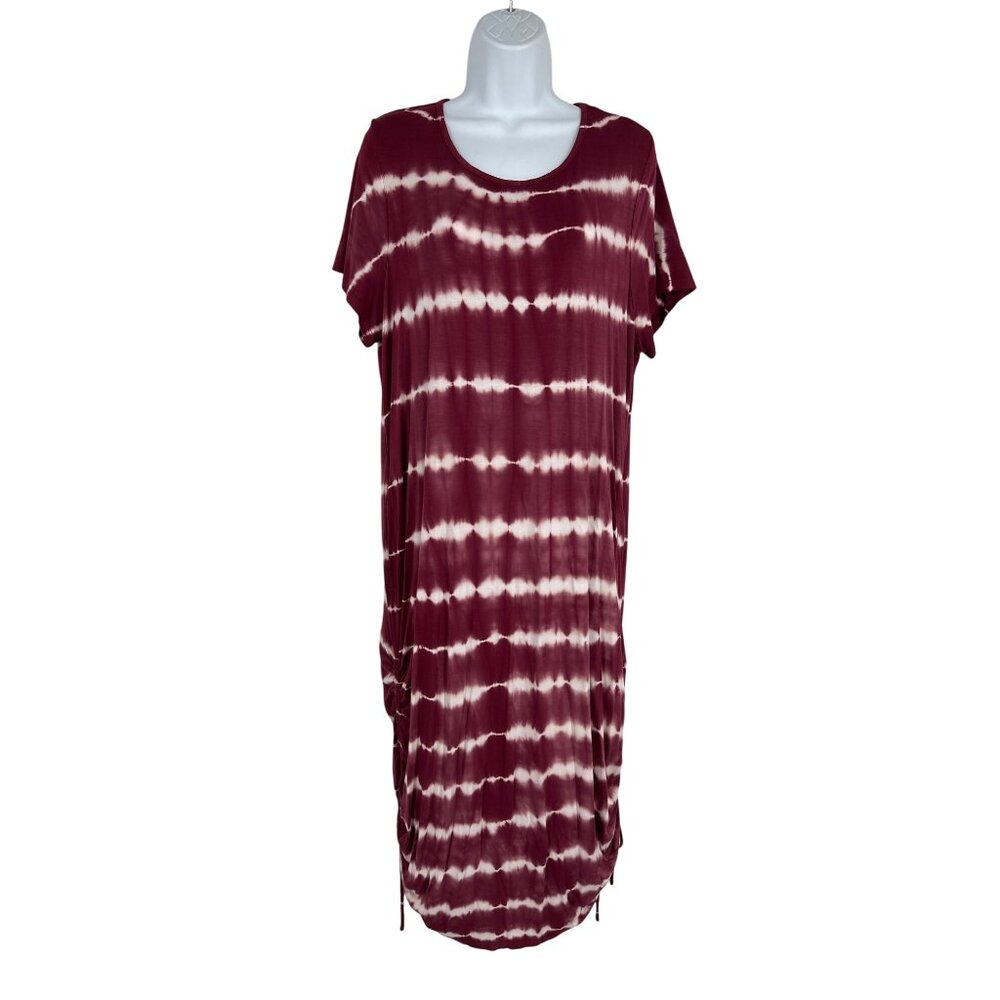 Lane Bryant Tie-Dye Burgundy & White Short Sleeve Ruched Dress Size 14/16